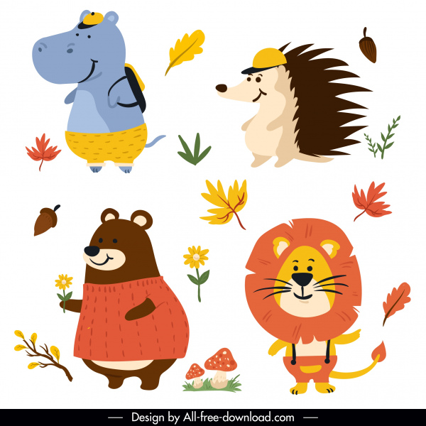 Herbst Design Elemente Tiere skizzieren niedliches stilisiertes Design