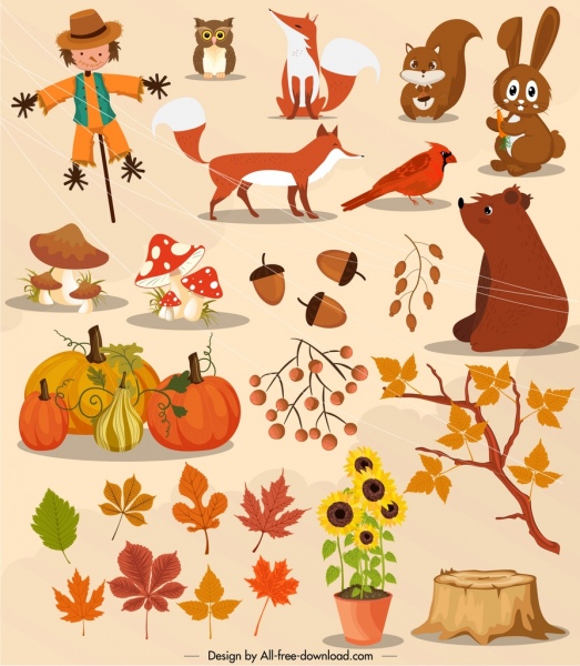 elemen desain musim gugur ikon tanaman hewan berwarna