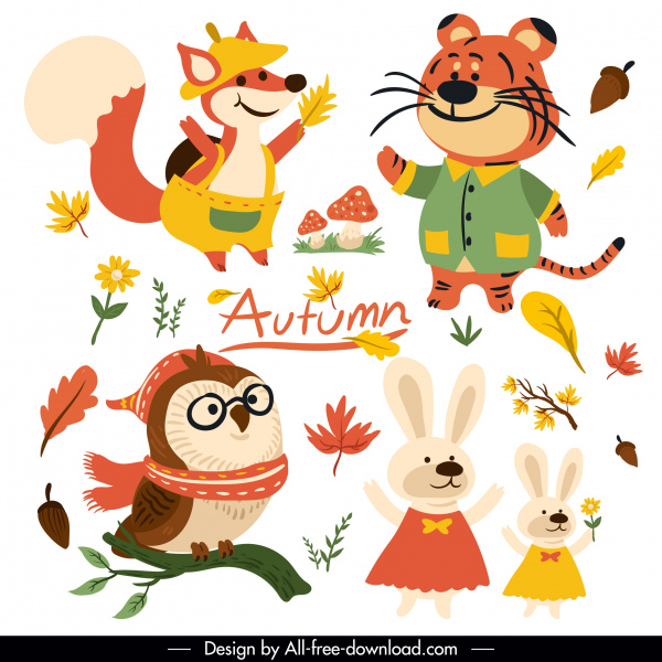 秋季设计元素可爱风格化动物植物素描