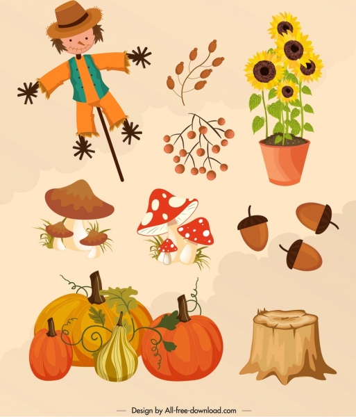 elementos de diseño de otoño iconos de plantas ficticias diseño multicolor