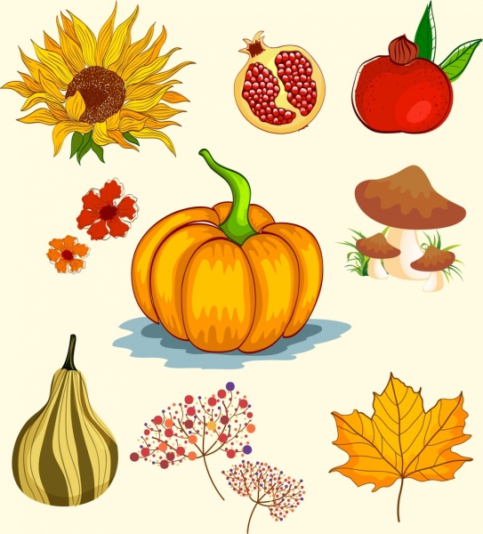 Outono design elementos fruta girassóis cogumelo folha ícones