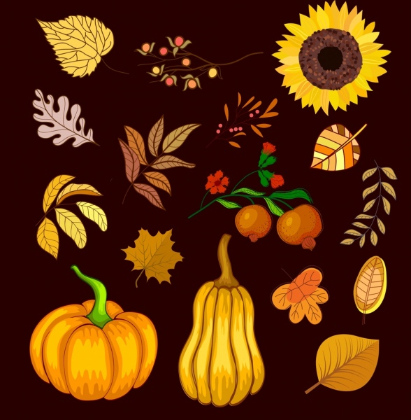 flores de frutas de elementos de diseño otoño deja los iconos