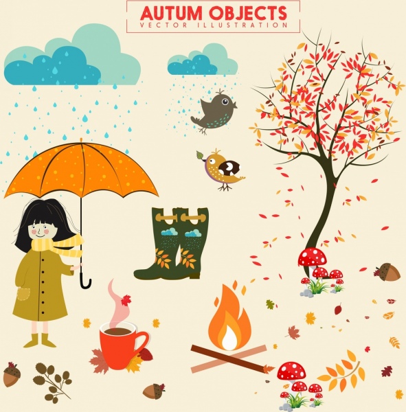musim gugur desain elemen warna-warni objek kartun berwarna