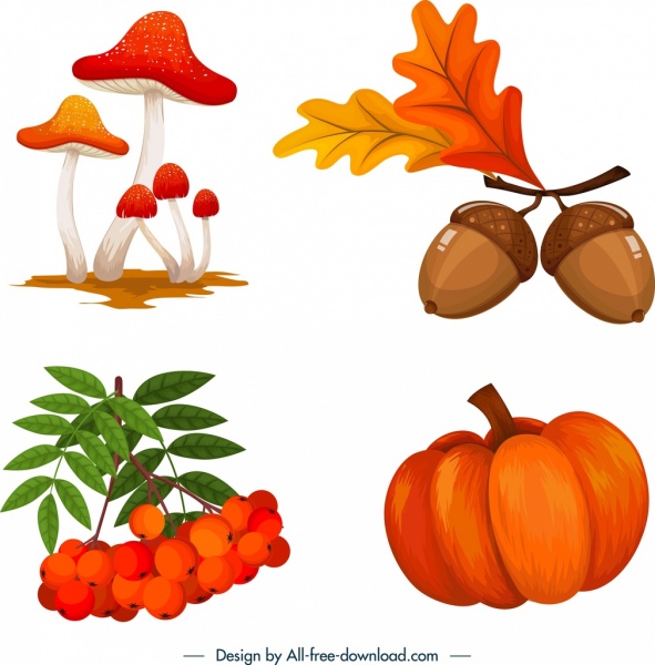 elemen desain musim gugur sketsa ceri labu kastanye jamur