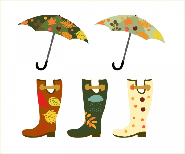 الخريف عناصر التصميم مظلة الحذاء الرموز يترك الديكور