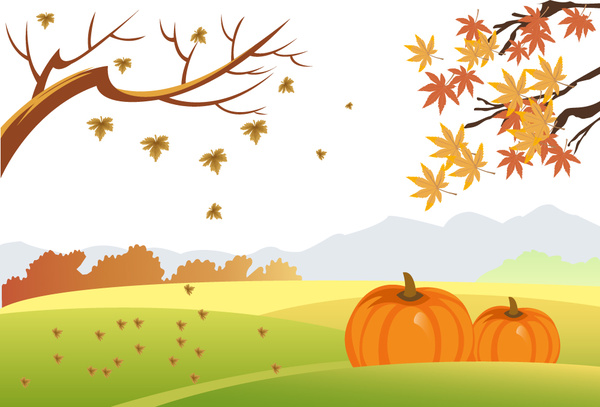 Herbstzeichnungsentwurf mit fallenden Blättern und Kürbissen 2