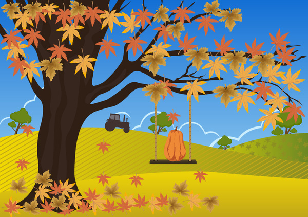 desain gambar musim gugur dengan daun-daun berguguran di lapangan