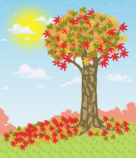 осень, рисование иллюстрации с листьями и дерево