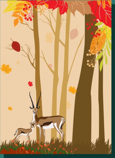 Осенний лес, рисунок мультфильм образом оленей деревья украшения