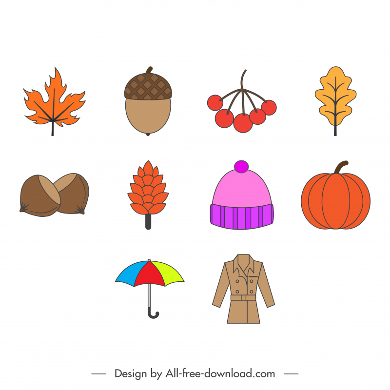 Conjunto de iconos de otoño planos elegantes símbolos clásicos boceto