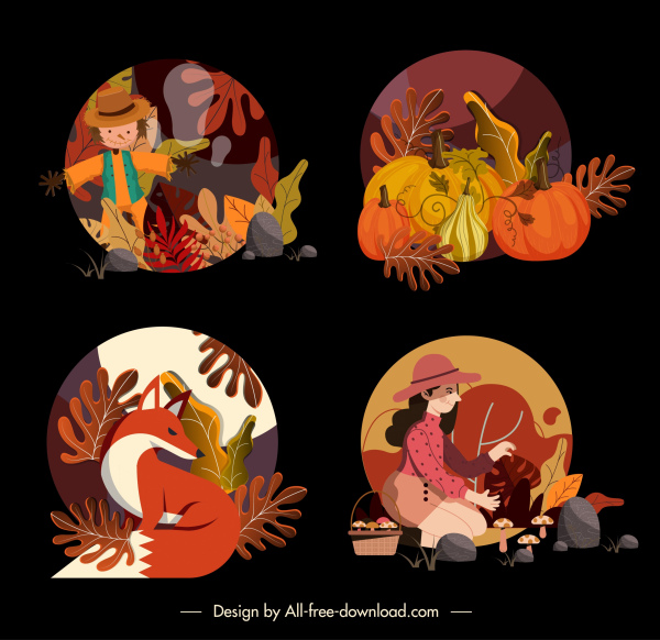 iconos de otoño coloridos elementos naturales clásicos decoración