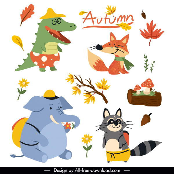 가을 아이콘 귀여운 컬러 양식에 일치시키는 만화 스케치