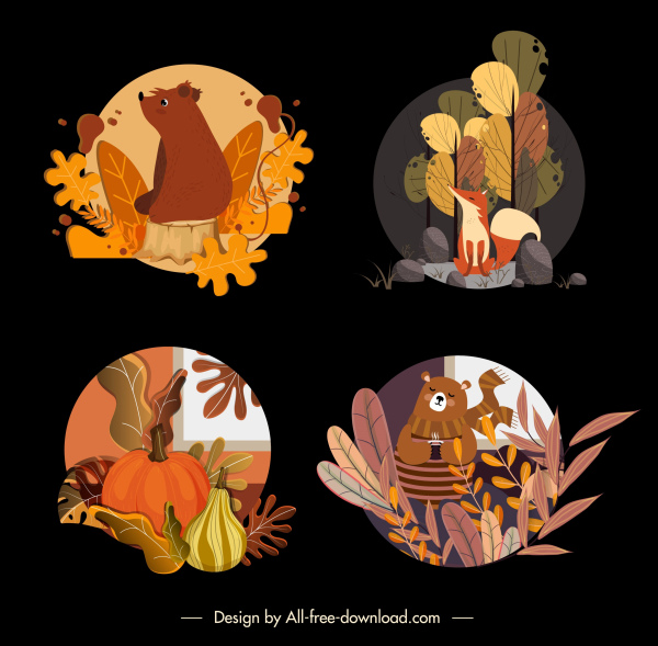 Herbst-Ikonen dunkel bunte klassische Symbole Skizze