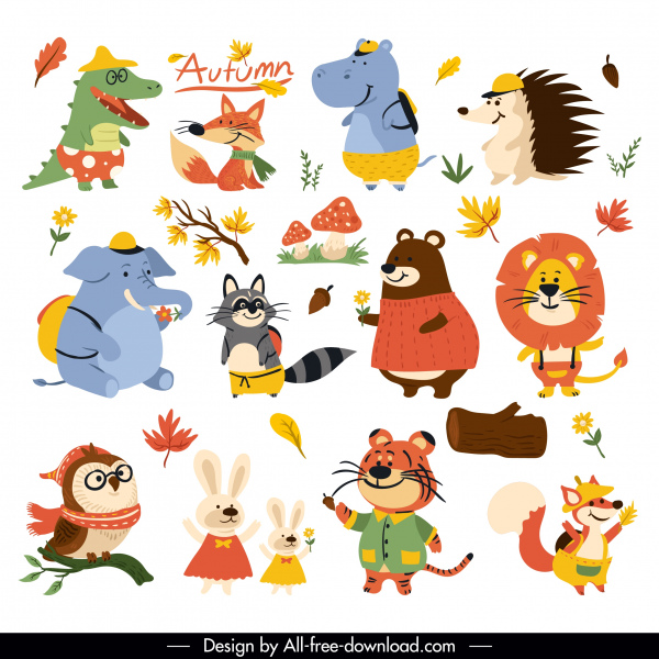 ícones do outono estilizados animais folha desenho animado design