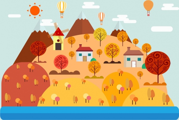 Paisaje de otoño colorido globo adorno árbol de diseño de dibujos animados