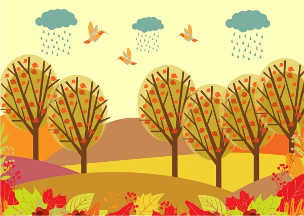 秋季風景畫彩色卡通鳥樹裝潢