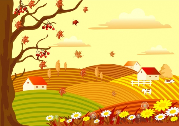 Осенний пейзаж рисунок декорации сельской местности голых деревьев