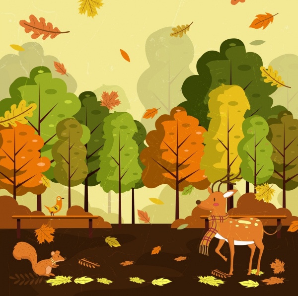 Paisaje de otoño dibujo hojas caídas renos iconos decoracion