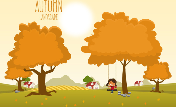 Paisaje de otoño bajo el sol de ilustración vectorial