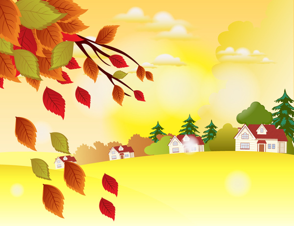ilustração em vetor outono paisagem com árvores e casas