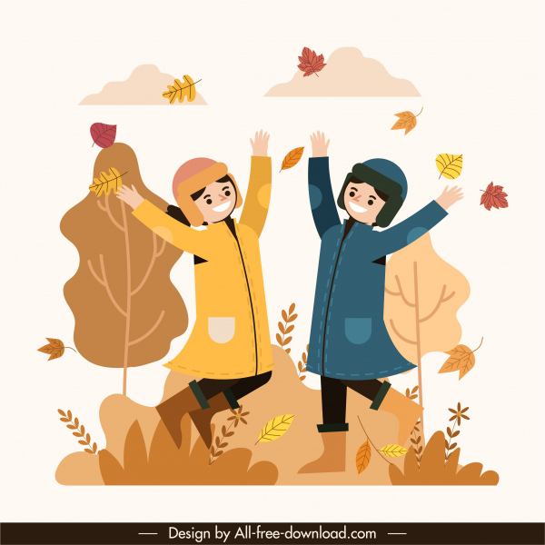 осенняя живопись активных радостных друзей падающих листьев эскиз