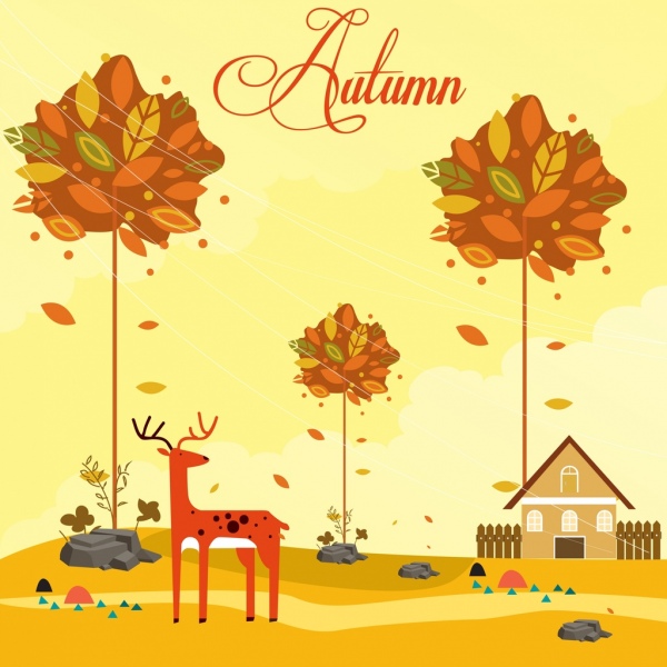 осень, живопись падающих листьев оленей иконы мультфильм дизайн