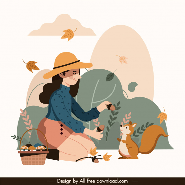 a menina do outono pinta o vento do esquilo esboça o projeto dos desenhos animados