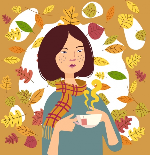 pintura otoño relajante taza de té de la muchacha deja los iconos