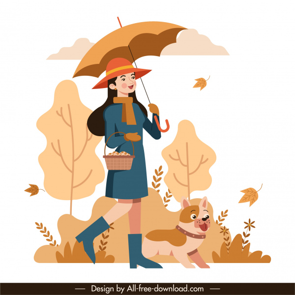 musim gugur lukisan berjalan gadis anjing ikon kartun sketsa