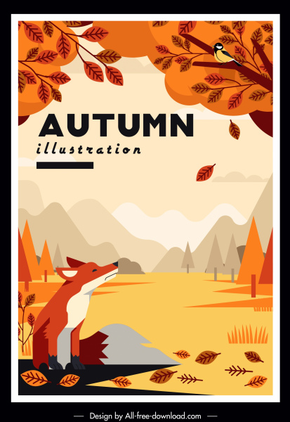 الخريف اللوحة مشهد البرية الثعلب شجره الطيور رسم