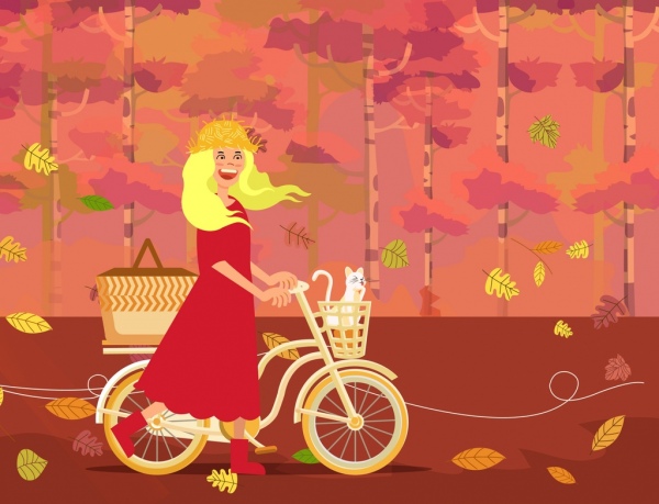 飾り葉の落ちる秋の絵画女性自転車