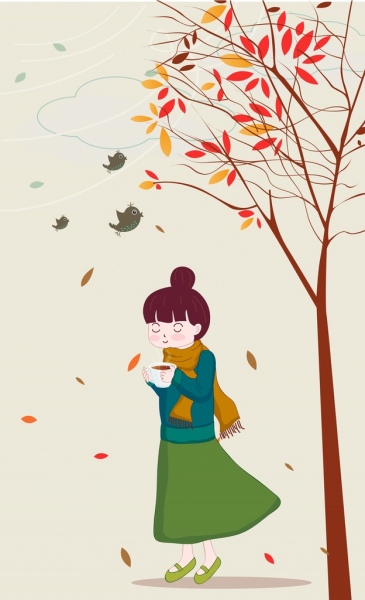 秋畫女子落葉鳥卡通設計