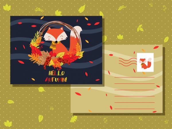 秋天的明信片模板图标狐狸叶装饰