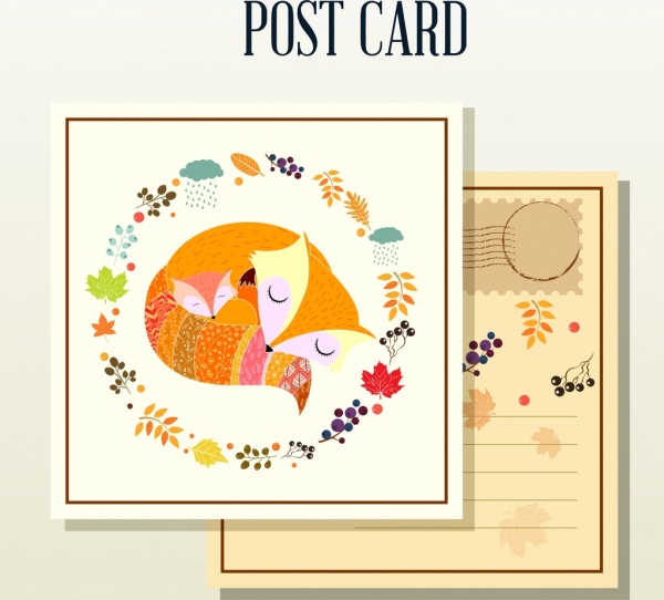 Herbst Postkarte Vorlage Fuchs Pflanzen Symbole klassisches design