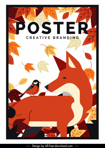 秋季海報古典彩色葉子狐鳥裝飾