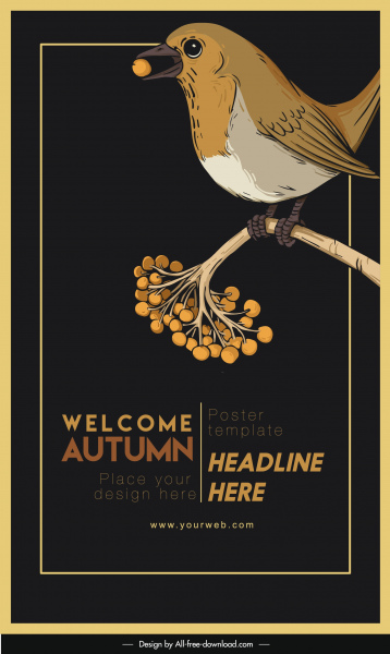秋ポスターテンプレート暗いレトロなデザインの鳥のスケッチ