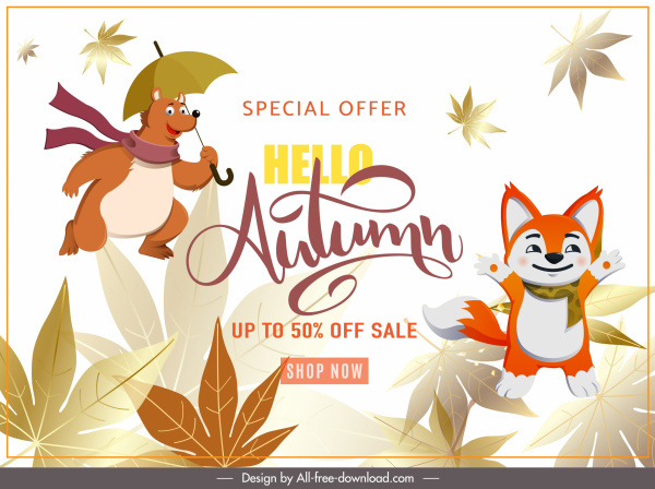 bandera de venta de otoño lindos animales estilizados deja boceto