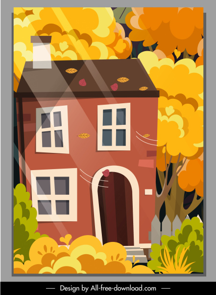 cena de outono casa de fundo caindo folhas esboço
