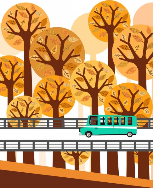 秋のシーン絵画茶色木バス道路アイコン
