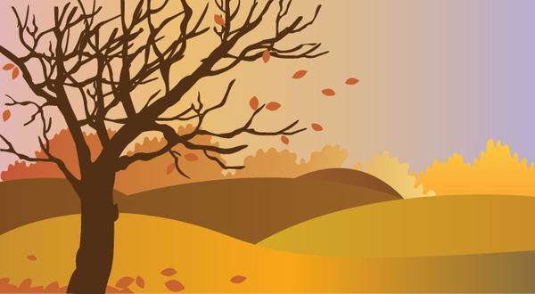 ilustração de desenho de paisagens de outono com folhas caindo