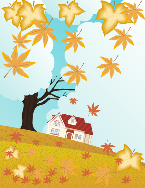 ภาพประกอบทิวทัศน์ฤดูใบไม้ร่วงที่มีใบไม้ร่วงและบ้าน