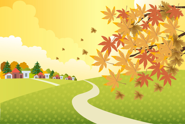 ilustração de cenário de outono com folhas caindo na colina