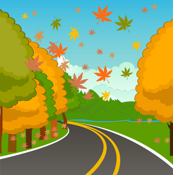 ilustrasi pemandangan musim gugur dengan dedaunan berguguran di jalan