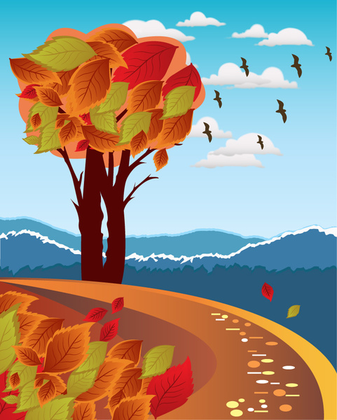 Ilustración vectorial de paisajes otoñales con pájaros y hojas