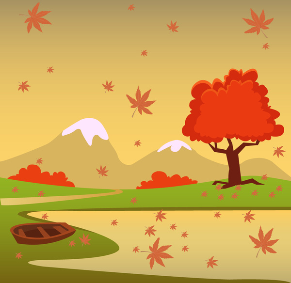 Осенние пейзажи векторные иллюстрации с мультяшном стиле