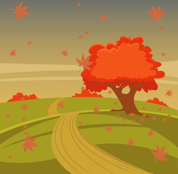 ilustrasi vektor pemandangan musim gugur dengan pohon di bukit