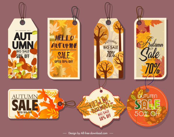 Outono tags modelos folhas coloridas decoração plana formas