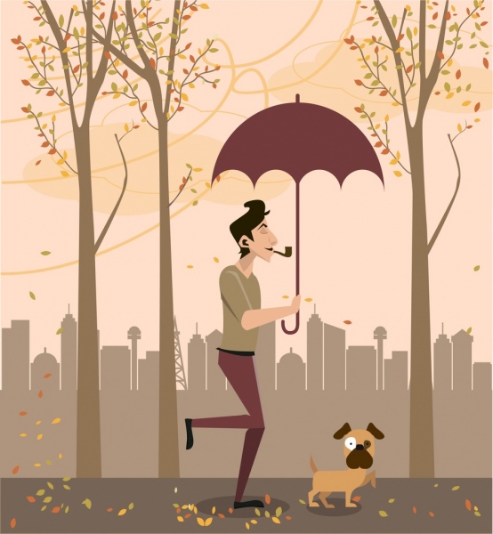 Осенняя тема человек животное зонтик падающие листья декор