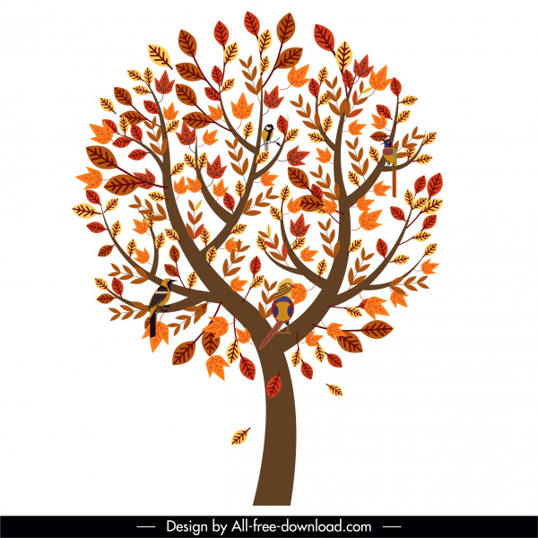 秋天树图标繁茂的叶子栖息鸟素描