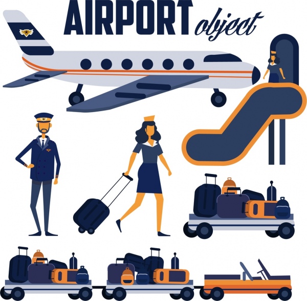 Icone di aviazione design elementi aeroplano pilota bagagli hostess
